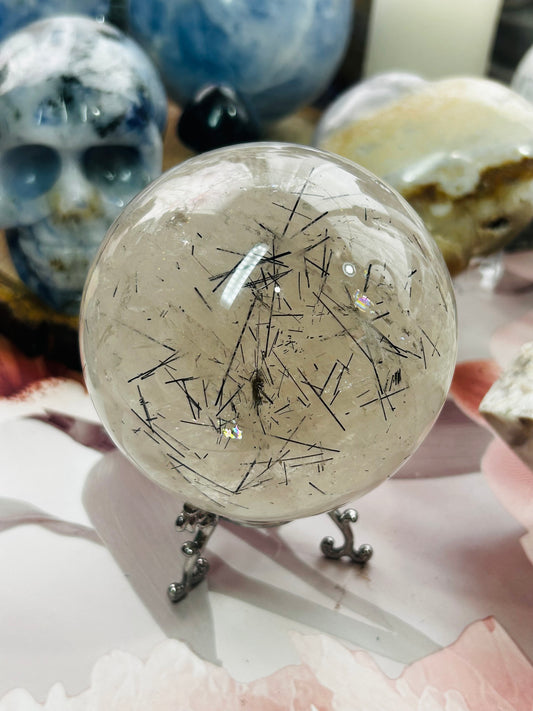 Smoky quartz with black tourmaline rutile sphere