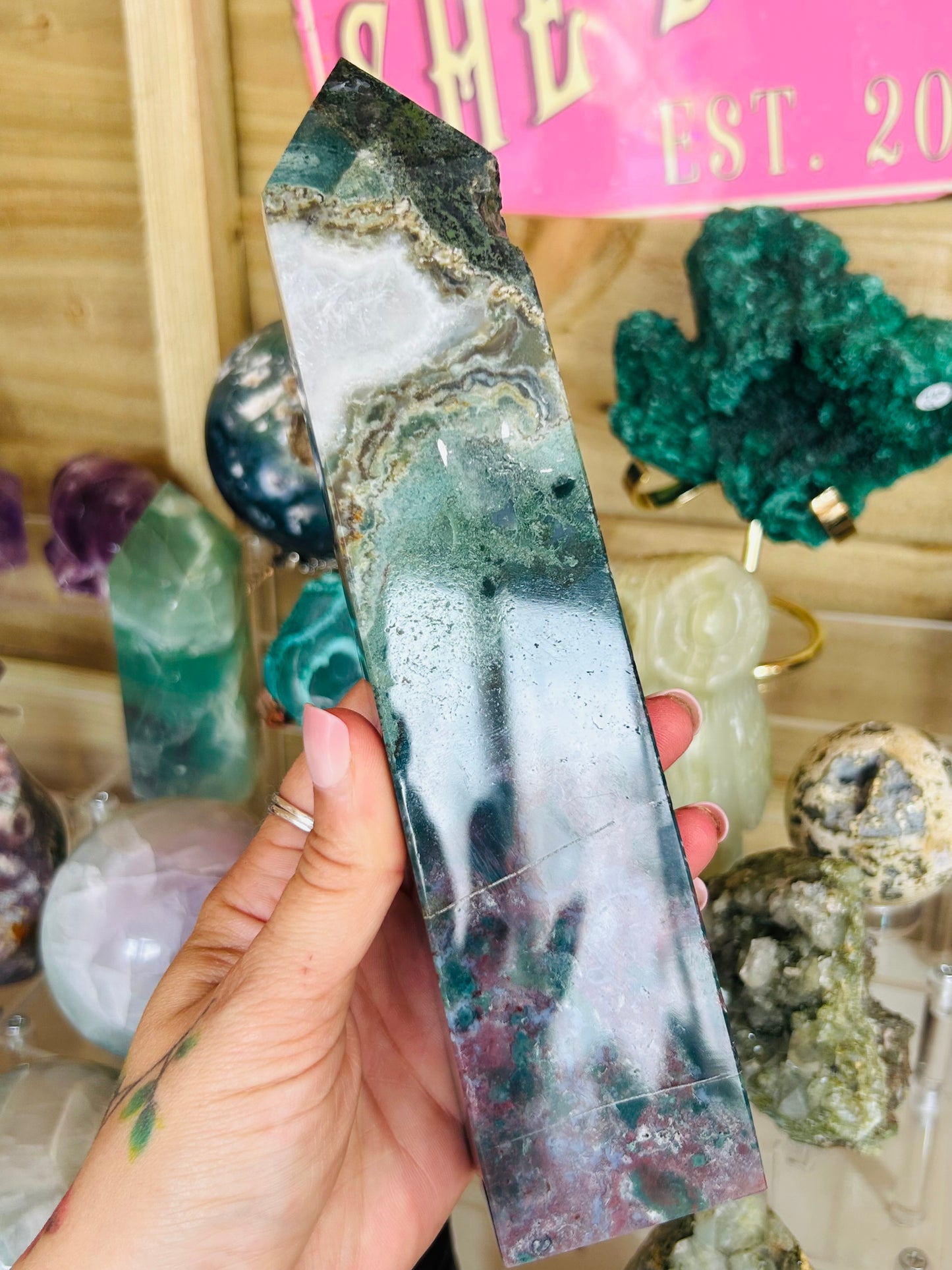 Ocean jasper with moss agate tower