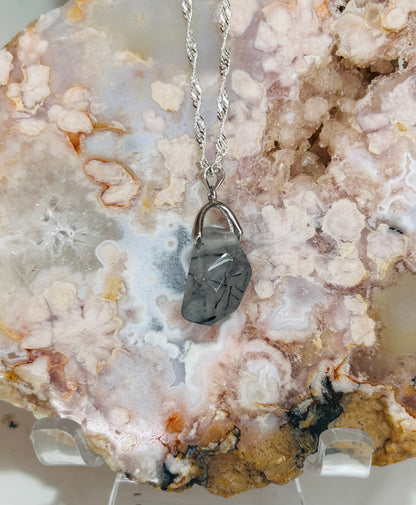 Black tourmaline in quartz s925 necklace 20”
