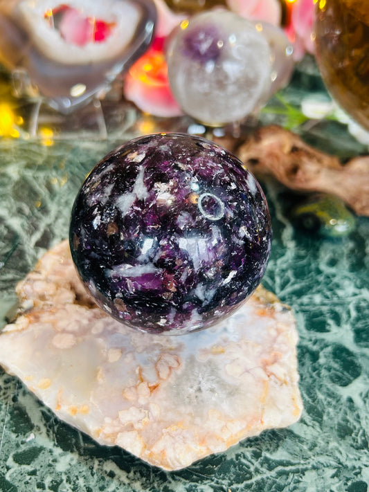 Purple mica with pink tourmaline sphere