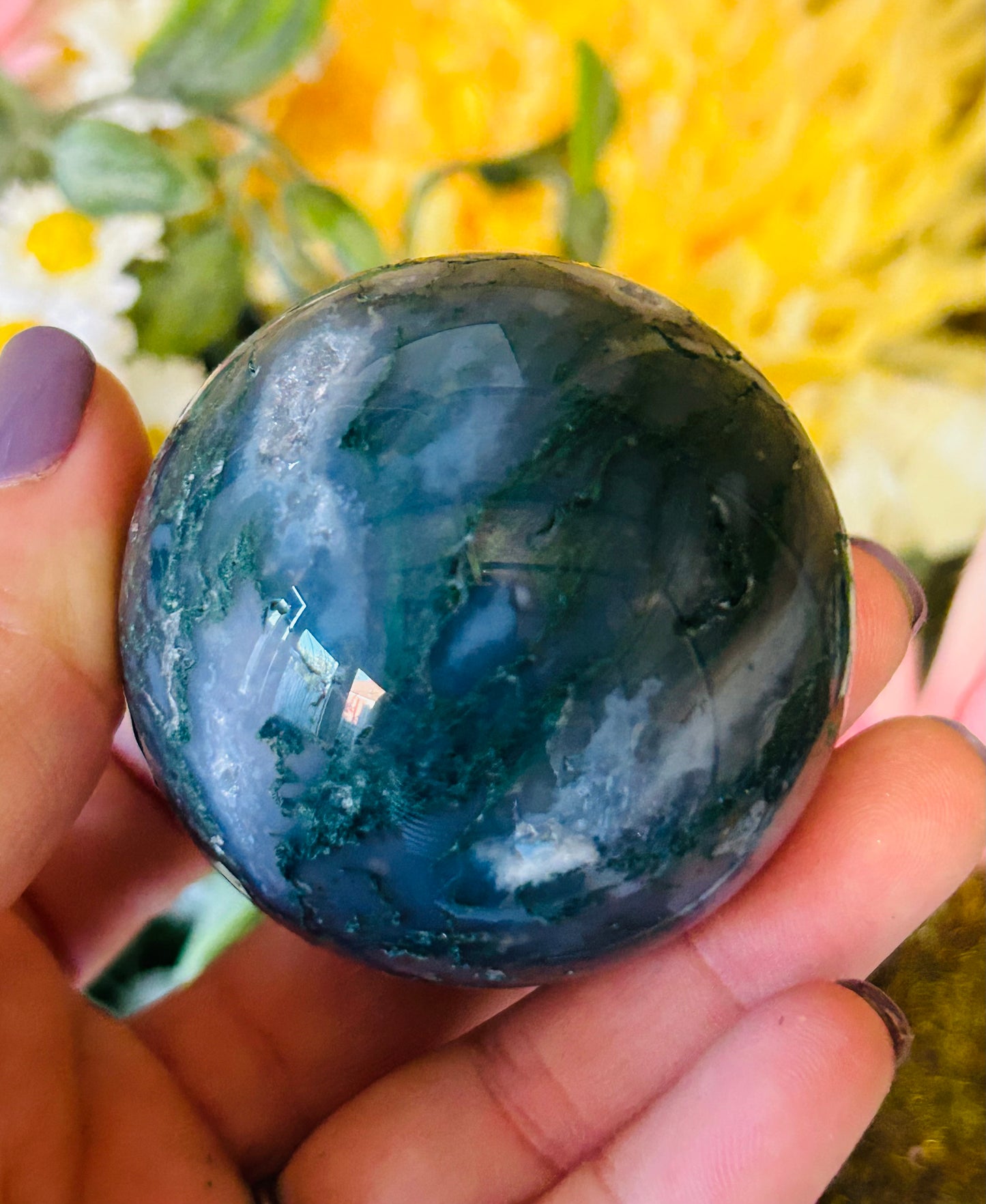 Moss agate natural druzy sphere