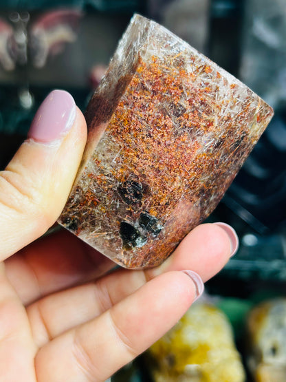 Garden quartz with rutile and green tourmaline Freeform