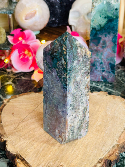 Moss agate with ocean jasper tower