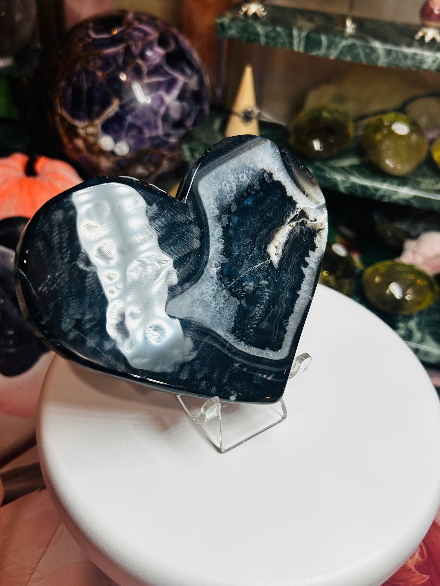 Black agate druzy heart