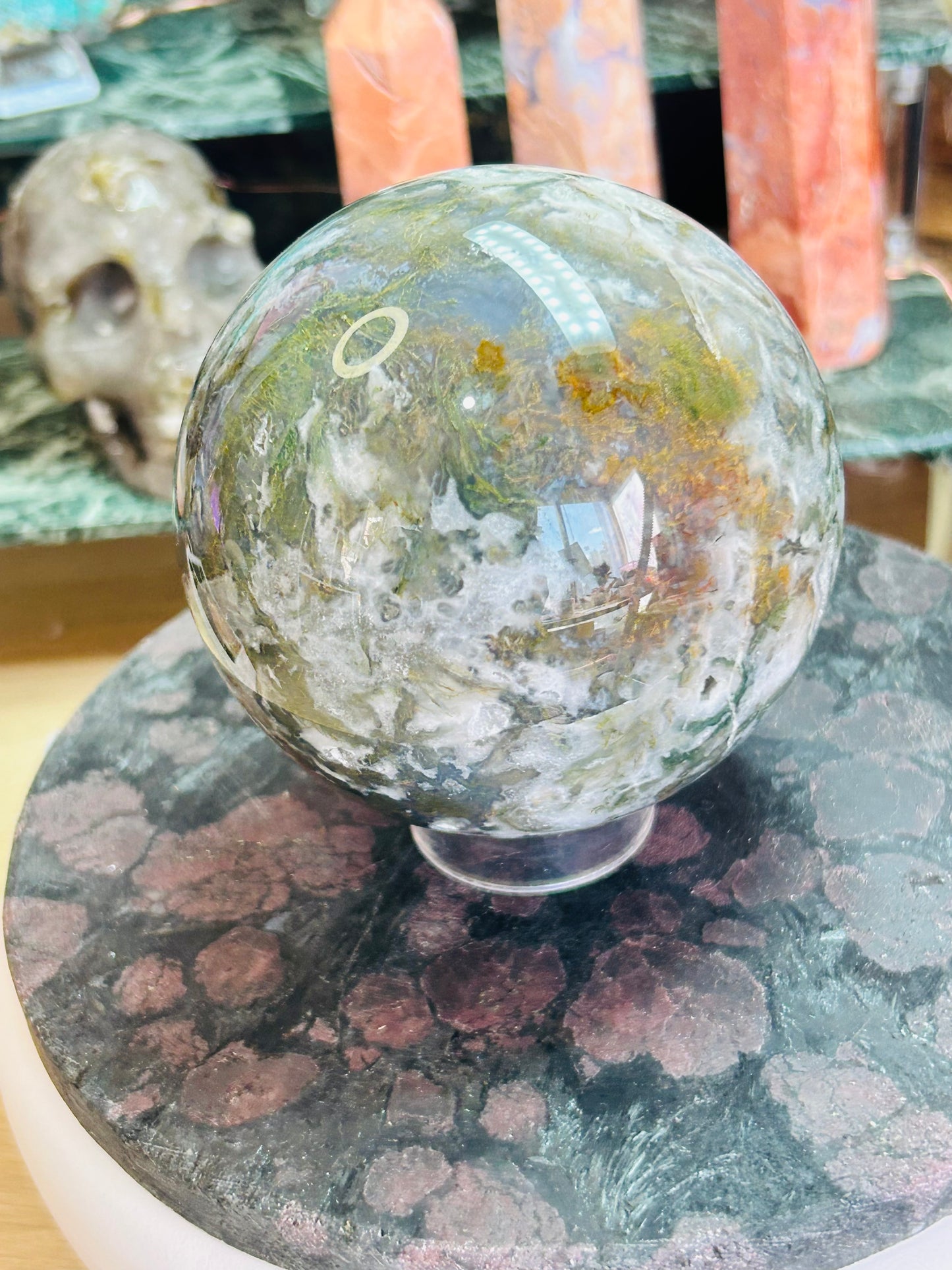 Moss agate druzy sphere