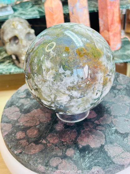 Moss agate druzy sphere