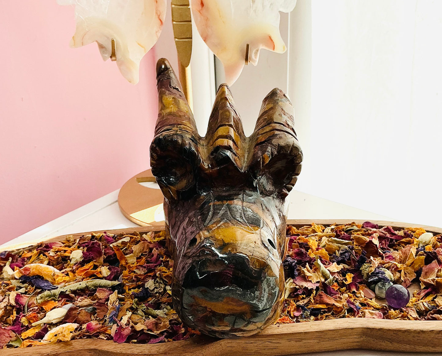 Mookaite and hematite dragon head