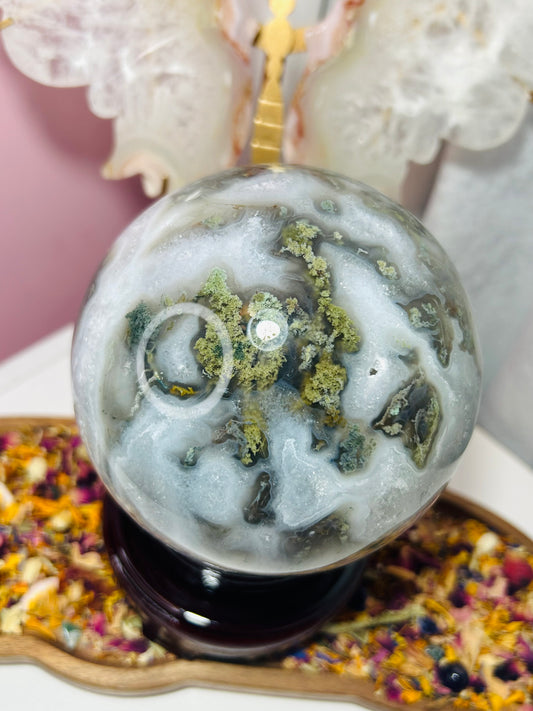 Moss agate sphere with stand £178