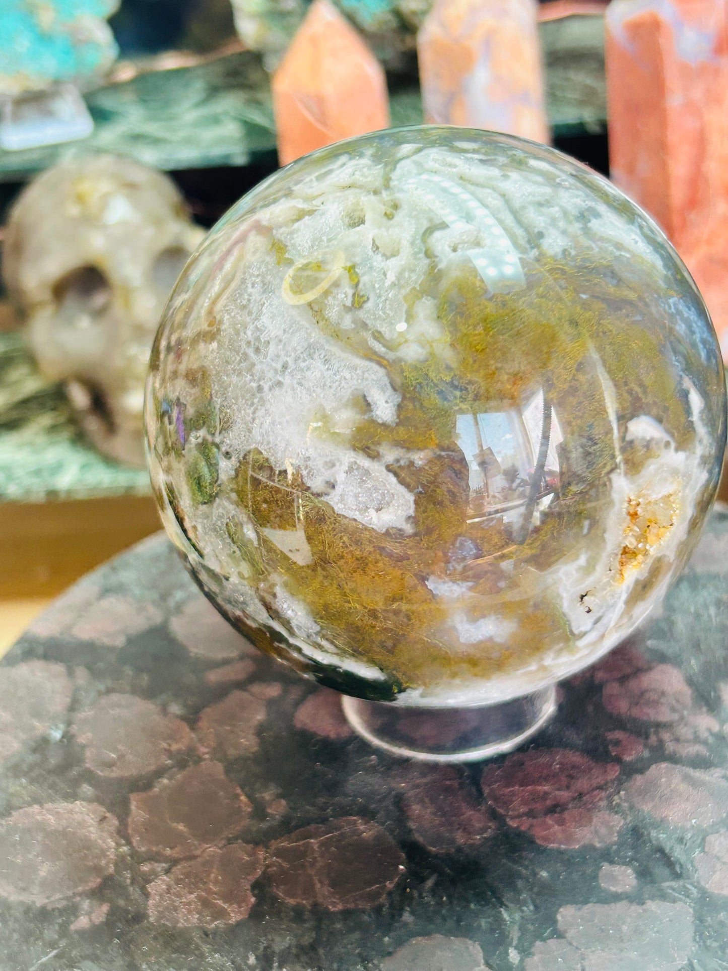 Moss agate druzy sphere