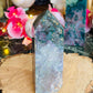 Moss agate with ocean jasper tower