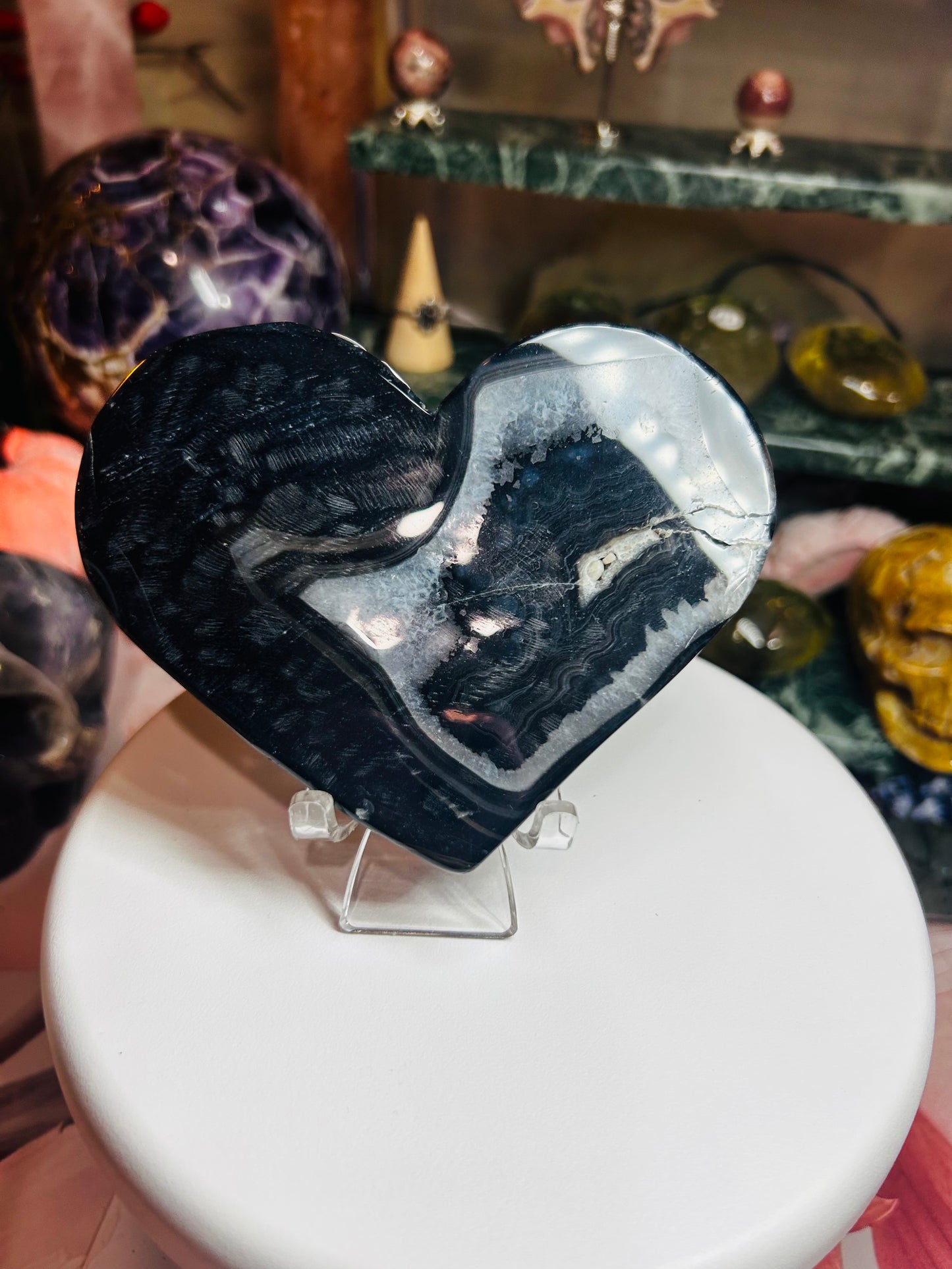 Black agate druzy heart