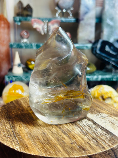 Smoky quartz with golden healer flame
