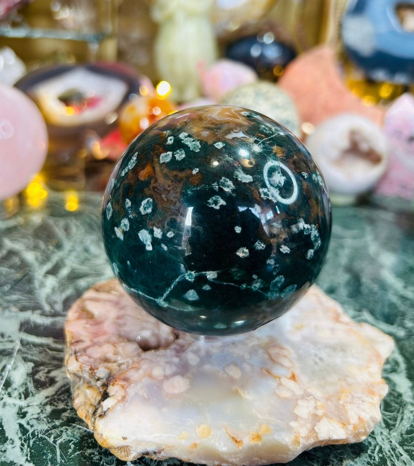 Moss agate uv reactive sphere