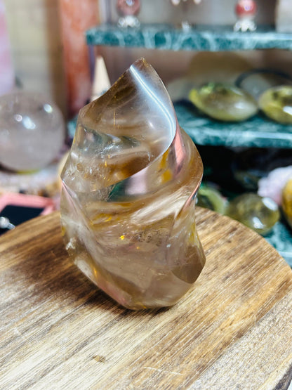 Smoky quartz with golden healer flame