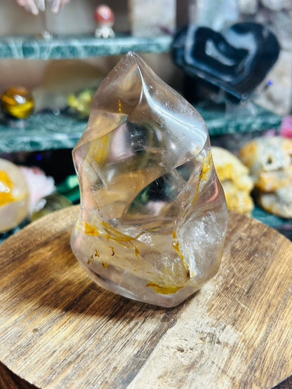 Smoky quartz with golden healer flame