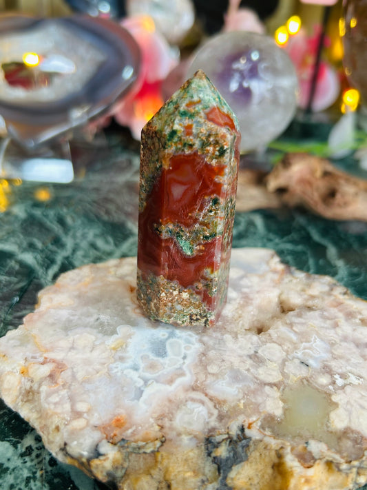 Red moss agate tower (dyed)
