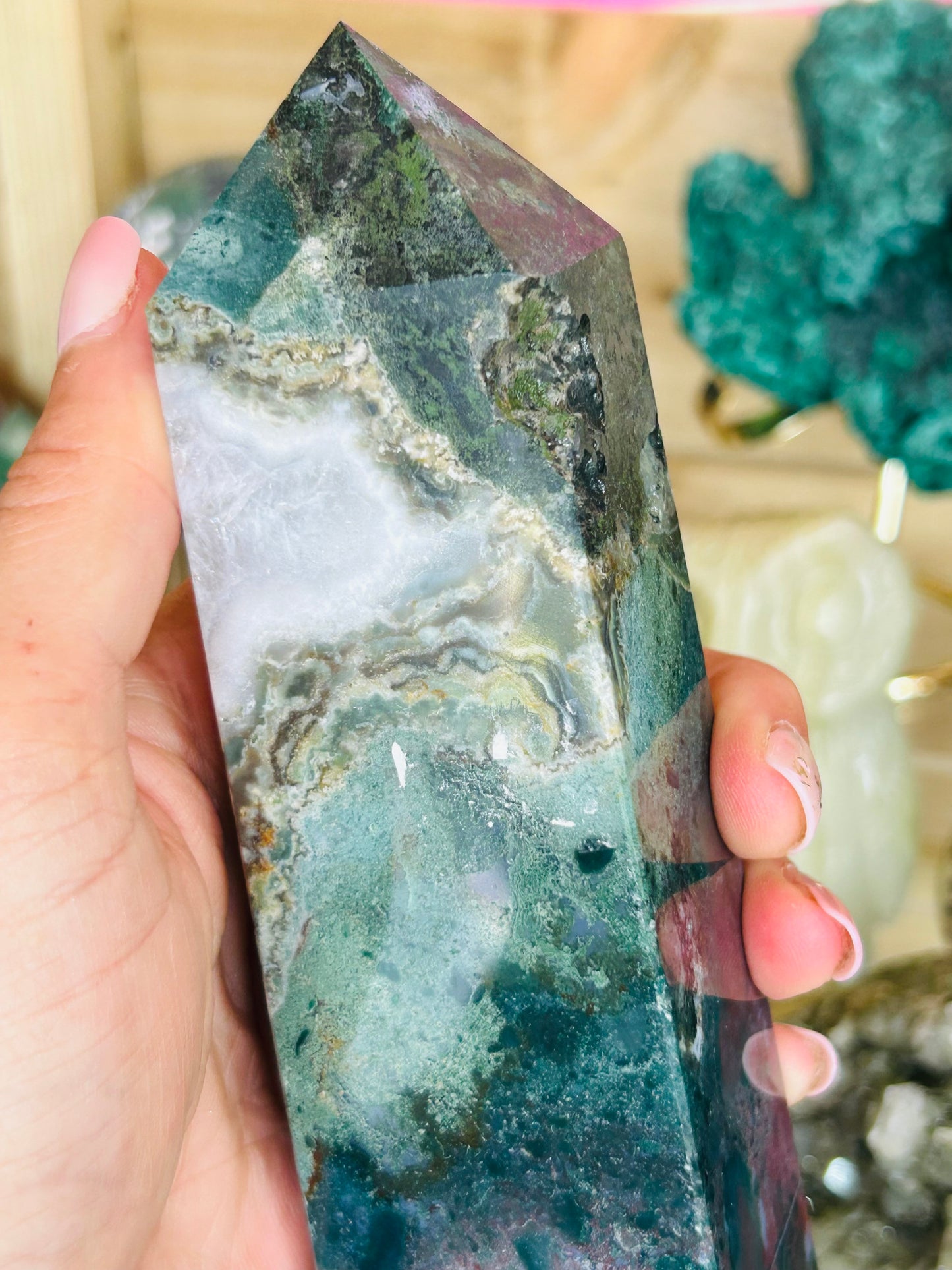 Ocean jasper with moss agate tower