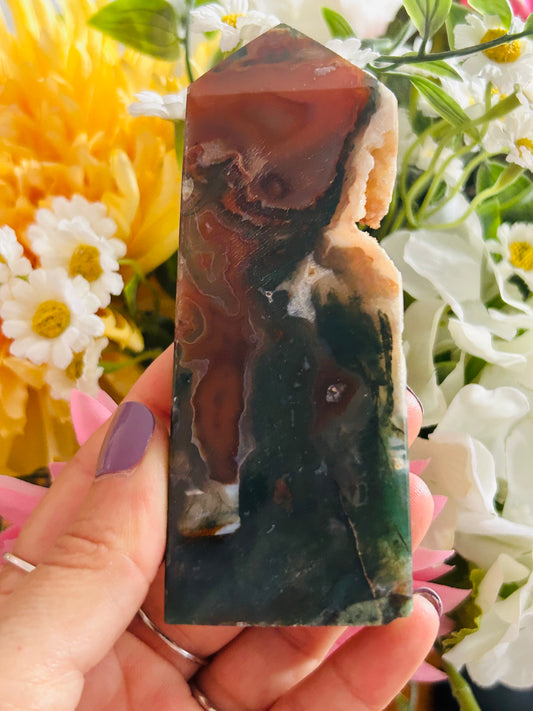 Red moss agate druzy tower