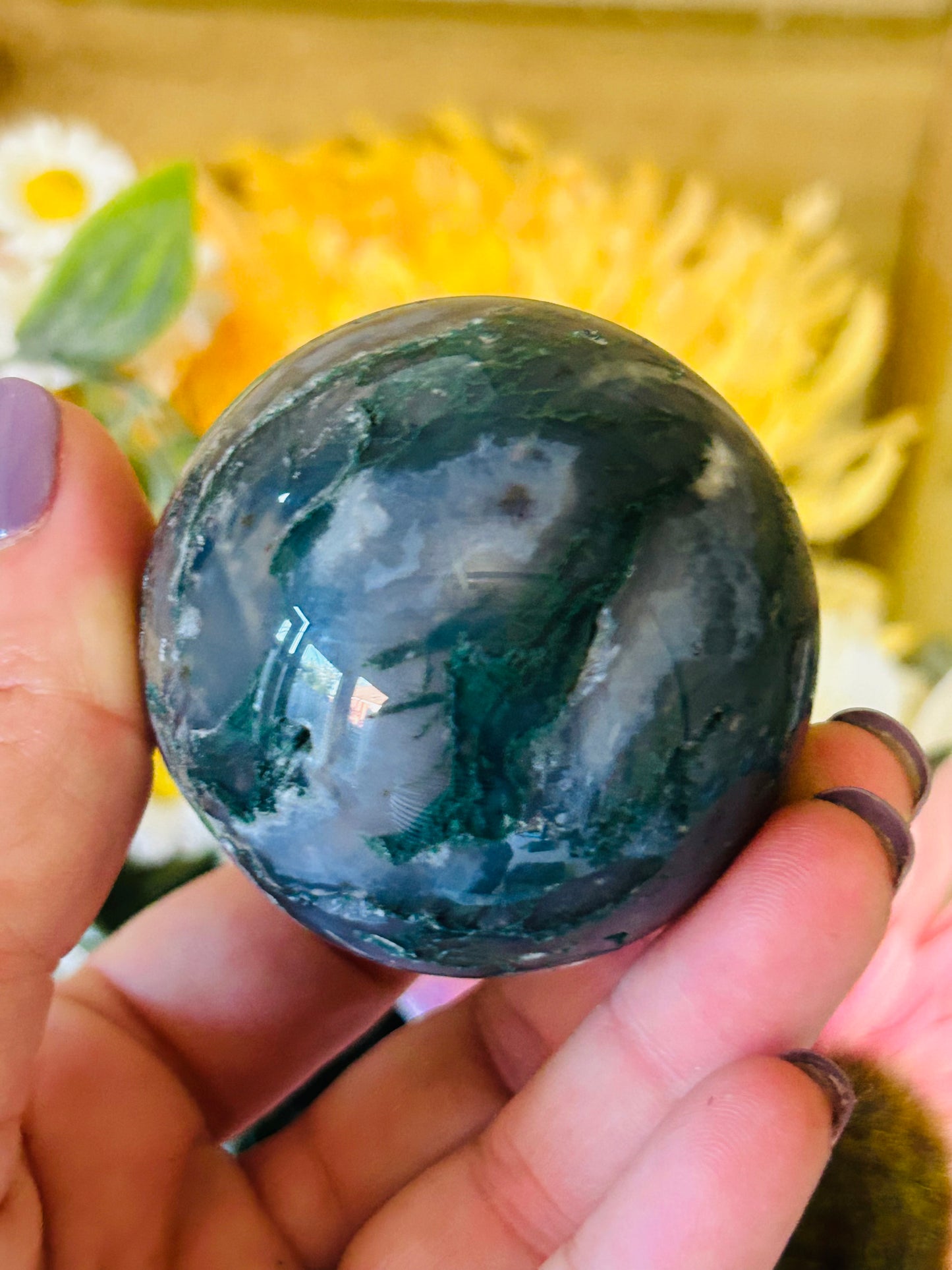Moss agate natural druzy sphere