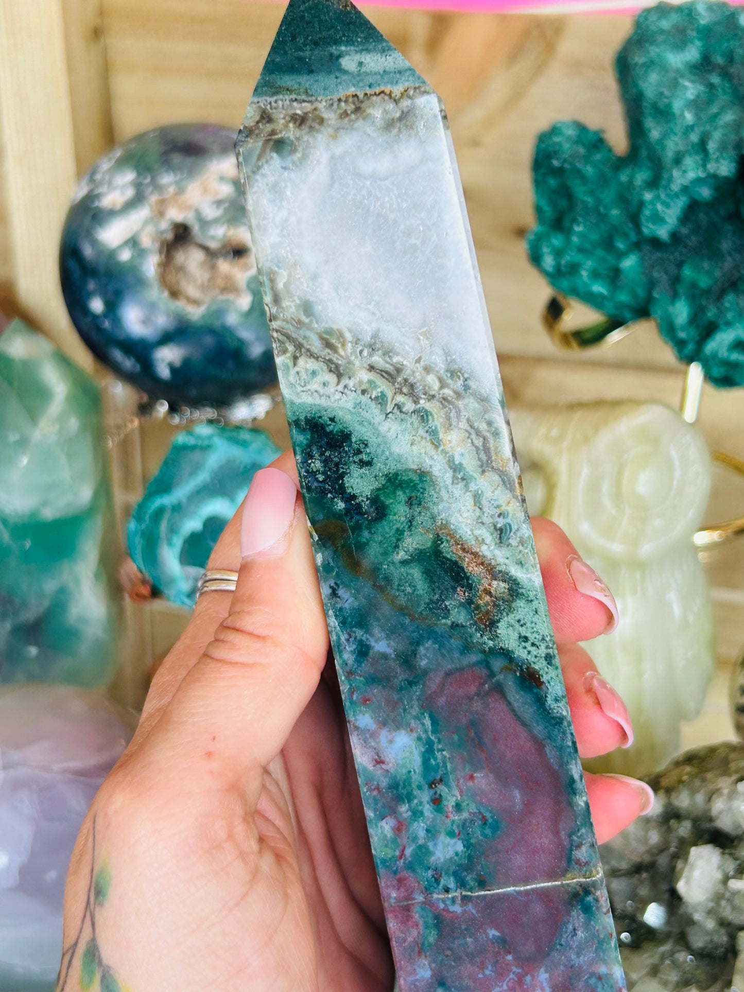 Ocean jasper with moss agate tower