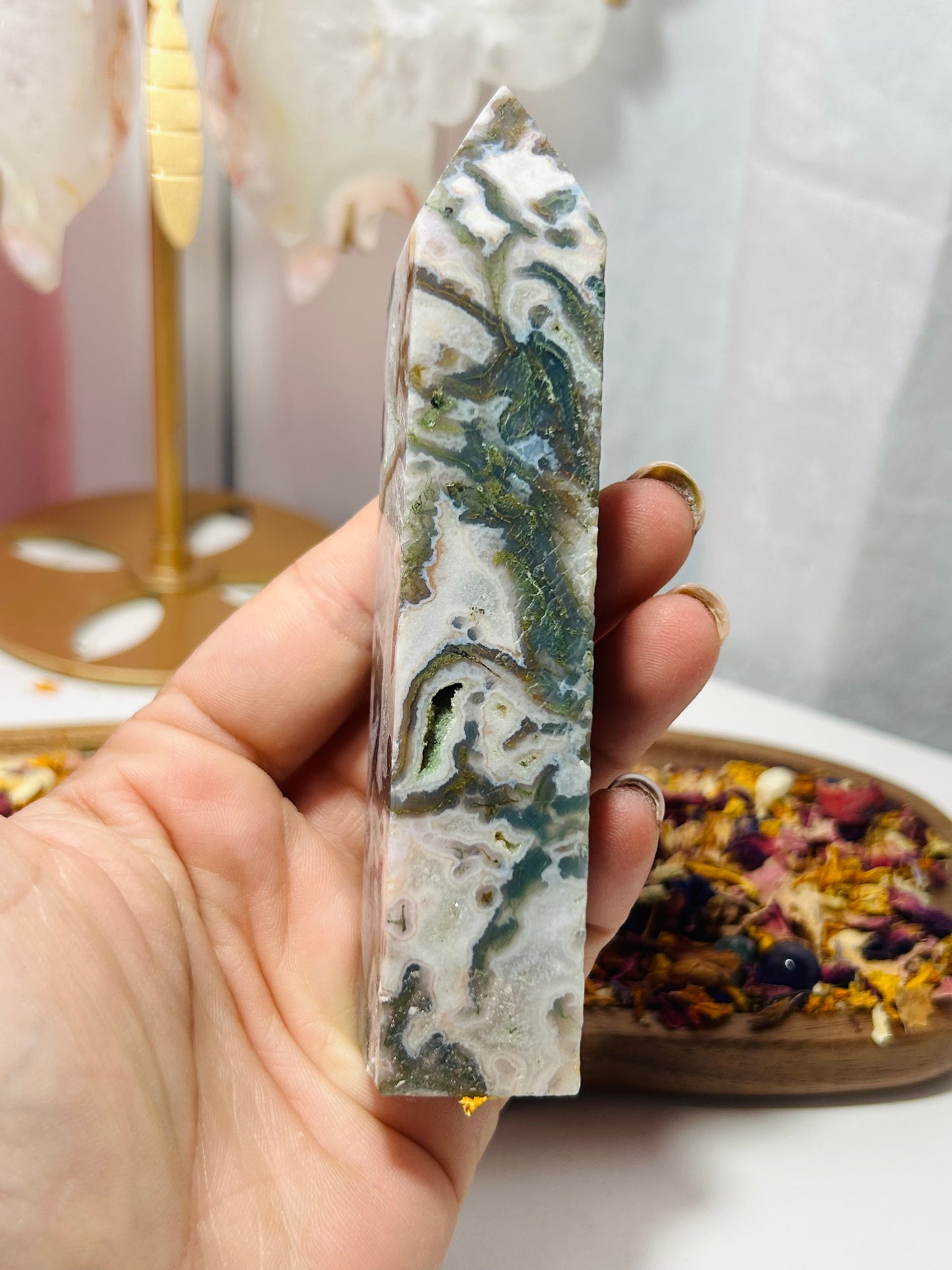 Moss agate druzy tower