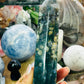 Moss agate/ ocean jasper tower with calcite