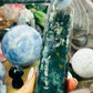 Moss agate/ ocean jasper tower with calcite