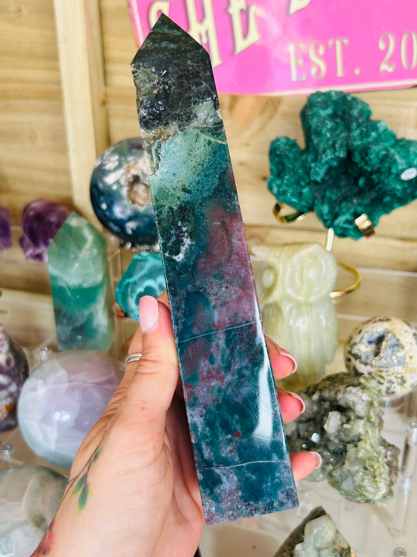 Ocean jasper with moss agate tower