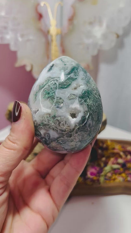 Moss agate druzy egg